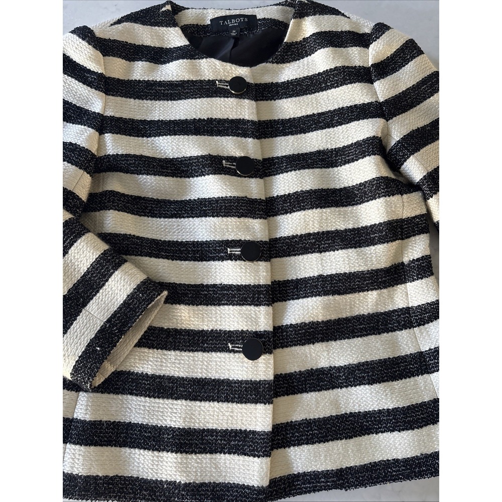 Talbots Jacket Womens 2P Black Cream Striped Button Down Blazer‎ Lined 2 Petite